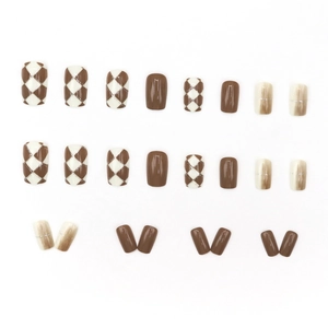 Checkerboard pattern short square press-on nails in caramel brown and beige colors