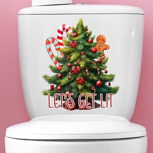 Christmas tree and gingerbread man waterproof self-adhesive sticker on white toilet lid