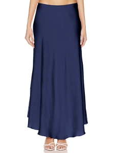 Detailed view of dark blue satin midi skirt with elegant lace trim and glossy texture