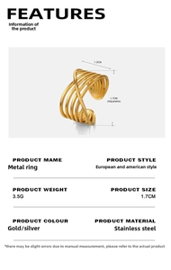 Detailed size chart for layered cross open ring in gold and silver stainless steel