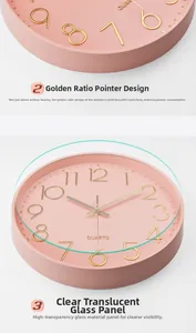Detail of pink silent wall clock with gold 3D numerals and high-transparency glass