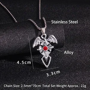 Collier pendentif croix chauve-souris gothique en acier inoxydable avec gemme rouge