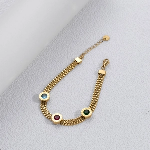 Gold stainless steel double chain bracelet with colorful gemstones and Roman numerals