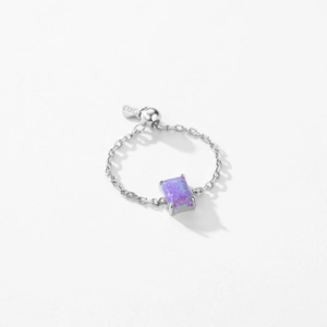 Elegant adjustable S925 sterling silver chain ring with a square purple opal stone