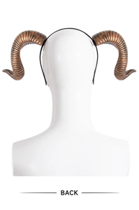 Back view of realistic bronze ram horns headband for Halloween cosplay on head mannequin