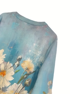 Damen Sweatshirt mit Blumenprint und Reißverschlusskragen im blauen Ölgemälde-Stil
