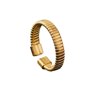 Minimalist gold stainless steel C-shaped ring with irregular horizontal spiral texture