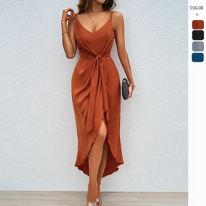 Robe À Bretelles Satin Polyester Col V Dos Nu Taille Nouée Ourlet Asymétrique Élégante Robe De Soirée Été Sexy Femme
