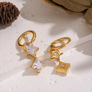 Elegant 18K gold plated stainless steel star and square zircon pendant earrings