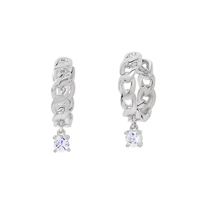 Detailed shot of silver Cuban link earrings with sparkling round zircon pendants