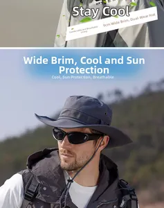Detail of dark grey breathable sun hat with 9cm wide brim and windproof rope