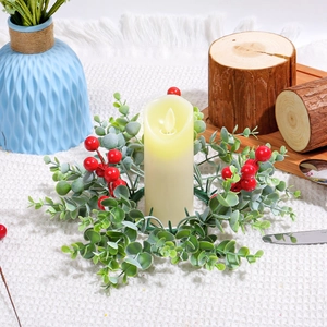 Artificial Christmas Candle Ring Wreath With Red Berries Eucalyptus Leaves Plastic Table Decor For Holiday Party