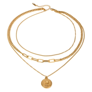 Layered 18k gold stainless steel necklace featuring paperclip chain and coin pendant