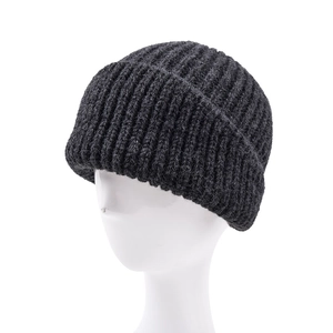 Detail of dark grey thick ribbed knit beanie with double layer folded cuff for winter warmth