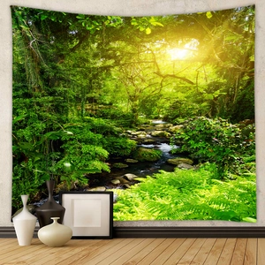 Lush forest landscape tapestry with stream and sunlight for interior wall decor