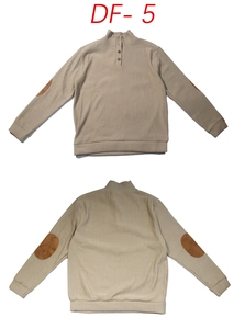 Detail of beige ribbed knit sweater featuring stand collar buttons and brown elbow patches