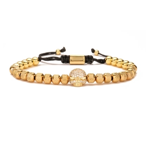 Punk leopard head beaded bracelet with gold plated skull charms and black braided rope