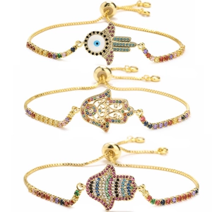 Bracciale Mano di Fatima Malocchio Rame Placcato Oro Zirconia Colorata Regolabile Bracciale Charm Arcobaleno Gioielli Boho per Donna