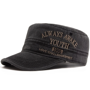 Vintage washed charcoal gray cadet cap with embroidered letters and flat top design