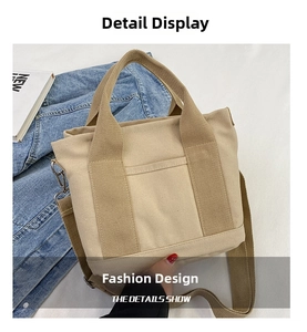 Detail of canvas tote bag with adjustable strap and front pocket for daily use