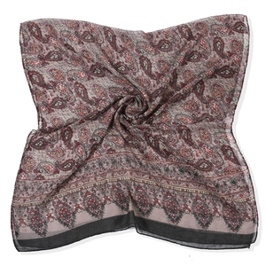 Macro shot of paisley print scarf in pink and grey showing delicate fabric texture