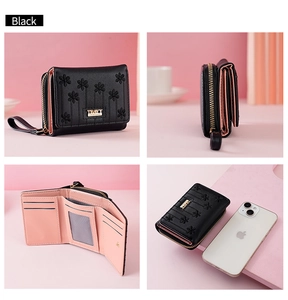 Detailed views of short black wallet with floral embroidery, card slots and size comparison