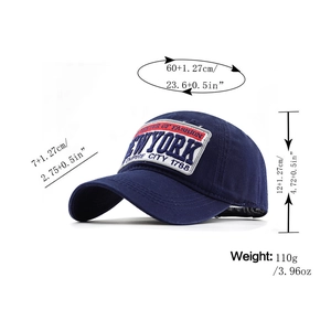 Spécifications de taille de la casquette de baseball New York en coton bleu marine brodée