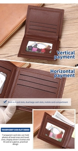 Brown leather wallet interior view with 4 card slots, dual cash slots and clear ID window