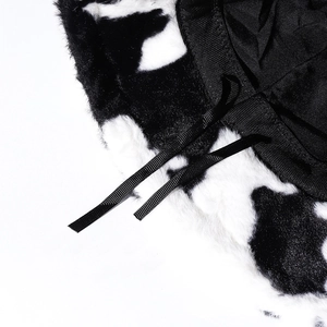 Fashionable cow print faux fur bucket hat with adjustable inner black satin ribbons