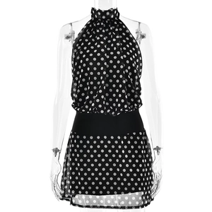 Robe à pois dos nu avec col plissé et ceinture noire ajustable pour femme élégante