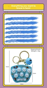 Detailed size specifications and weight for the blue mini whack-a-mole game keychain
