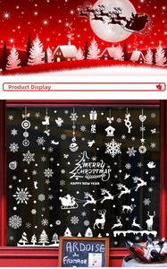 White static Christmas window decals featuring Santa, reindeer and snowflakes on glass