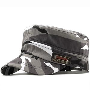 Flat top military camouflage cap with leather patch and vintage metal tag detail