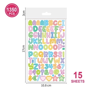 Detail showing 15 sheets of 1350 colorful alphabet and number stickers with size markers
