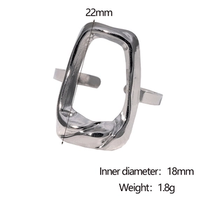 Macro view of silver geometric hollow open ring showing 22mm length and 18mm diameter