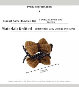 Detail view of the 8.0cm brown knitted bow hair claw clip for elegant bun hairstyles
