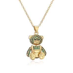 18K gold plated necklace featuring a cute bear pendant with green zircon stones