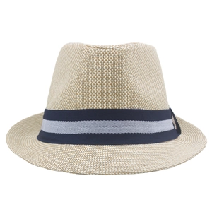Men's retro straw fedora hat with navy striped ribbon for summer sun protection