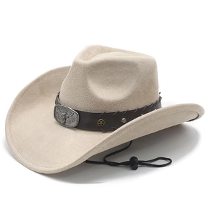 Ethnic western cowboy hat in beige faux suede with bull head emblem and windproof rope