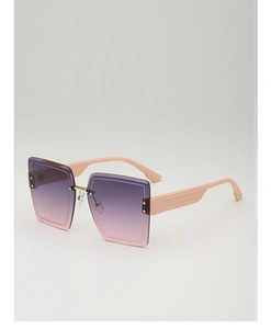 Detail of rimless square sunglasses with purple gradient lenses and pink temples