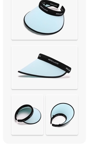 Detailed four-angle view of light blue sun visor with branded elastic strap