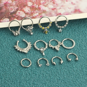 Detailed set of 12 seamless stainless steel rings with zircon butterfly and bee charms