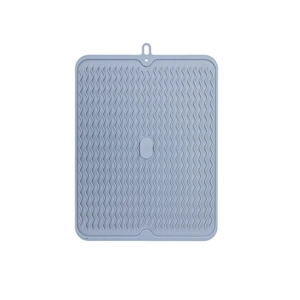 Light blue silicone drying mat with non-slip wave texture and hanging hole for kitchen