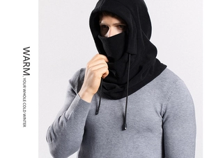 Close-up of black fleece windproof ski mask with adjustable drawstrings for winter