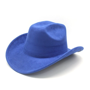 Detail of royal blue suede cowboy hat featuring fine fiber texture and upturned brim