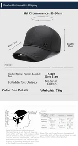 Size guide for men's cotton baseball cap showing brim depth and head circumference chart