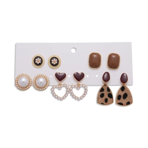 6-pack vintage resin pearl earring set with floral, heart and square geometric designs