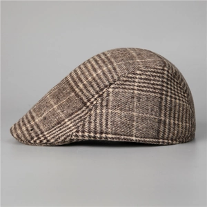 Classic British style brown plaid flat cap in wool blend for men, side view of retro design