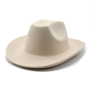 Classic beige wide brim felt fedora hat with a pinched crown and stylish 8cm flat rim