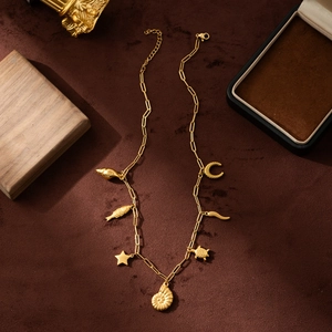 18K gold plated stainless steel necklace with seashell, sea turtle and starfish charms
